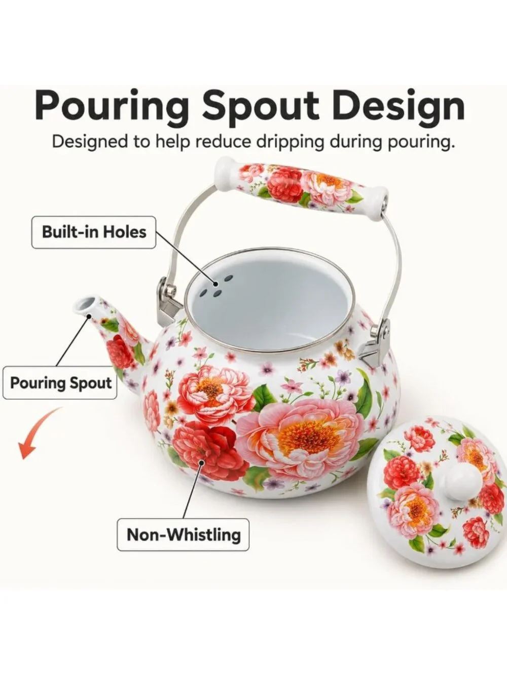 Vintage Floral Enamel Tea Kettle 2.6 Qt - Non-Whistling, Multi-Use & Hand Wash